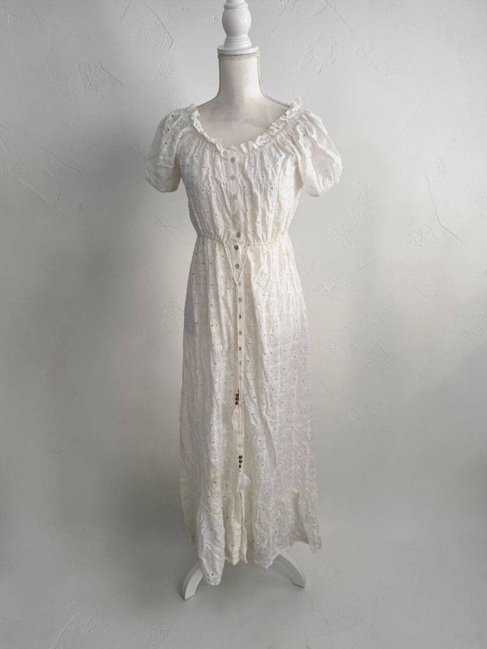 BAROK Cream Smocked Eyelet Maxi Dress Size Small NEW NWT